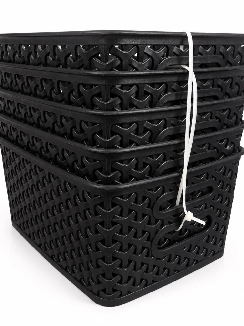 Black Plastic Woven Storage Basket - Stackable Home Organizer